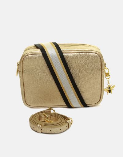 Alice Wheeler London Soho Dual Compartment Camera Cross Body Bag Gold (Stripe Strap)