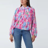 H Mcilroy London High Neck Abstract Print Blouse in Hot Pink