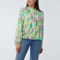 H Mcilroy London High Neck Abstract Print Blouse in Lime