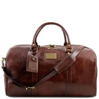 Tuscany Leather Voyager Travel Leather Duffle Bag With Pocket On The Backside Large Size Brown
