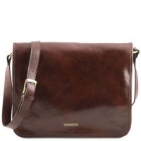 Tuscany Leather Messenger Two Compartments Leather Shoulder Bag Large Size Brown
