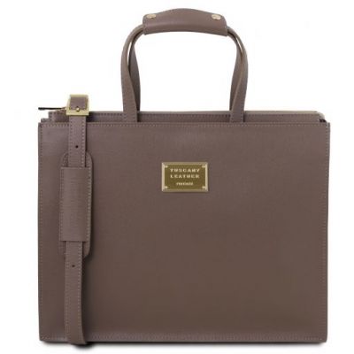 Tuscany Leather Palermo Saffiano Leather Briefcase 3 Compartments For Women Dark Taupe