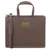 Tuscany Leather Palermo Saffiano Leather Briefcase 3 Compartments For Women Dark Taupe
