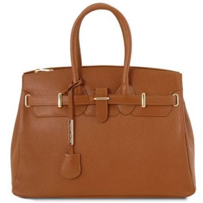 Tuscany Leather Handbag With Golden Hardware Cognac