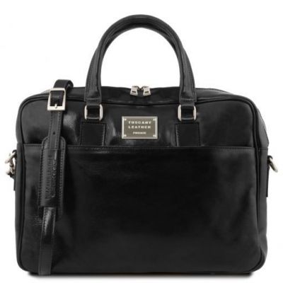 Tuscany Leather Urbino Leather Laptop Briefcase 2 Compartments With Front Pocket Black