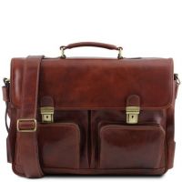 Tuscany Leather Ventimiglia Leather Multi Compartment Tl Smart Briefcase With Front Pockets Brown