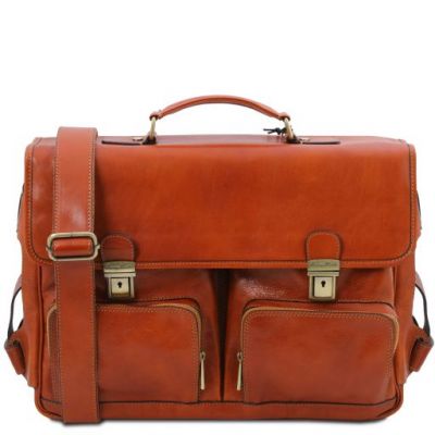 Tuscany Leather Ventimiglia Leather Multi Compartment Tl Smart Briefcase With Front Pockets Honey #1