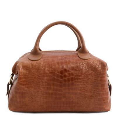 Tuscany Leather Croc Print Soft Leather Maxi Duffle Bag Cinnamon #3