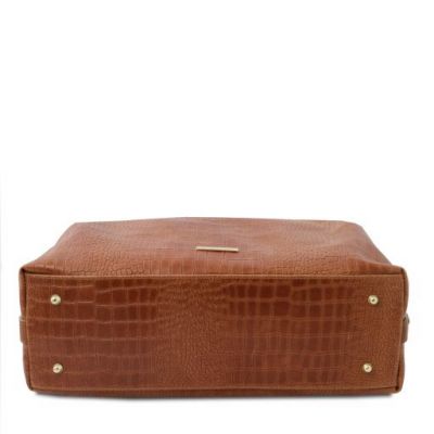 Tuscany Leather Croc Print Soft Leather Maxi Duffle Bag Cinnamon #4