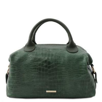 Tuscany Leather Croc Print Soft Leather Maxi Duffle Bag Forest Green