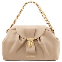 Tuscany Leather Lara Soft Leather Clutch With Chain Strap in Beige